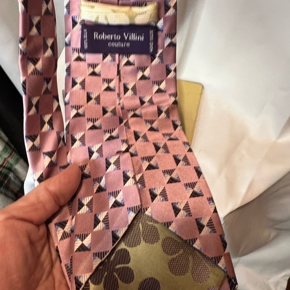 Roberto Villini Silk Pink  and Black Geometric Textured Tie - Picture 6 of 6